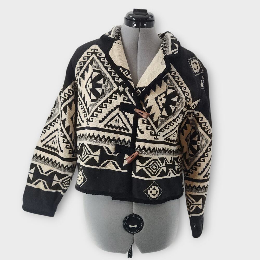 Agapo Blazer Women's L Short Woven Aztec Design Collared Boho Career VTG *Flaw